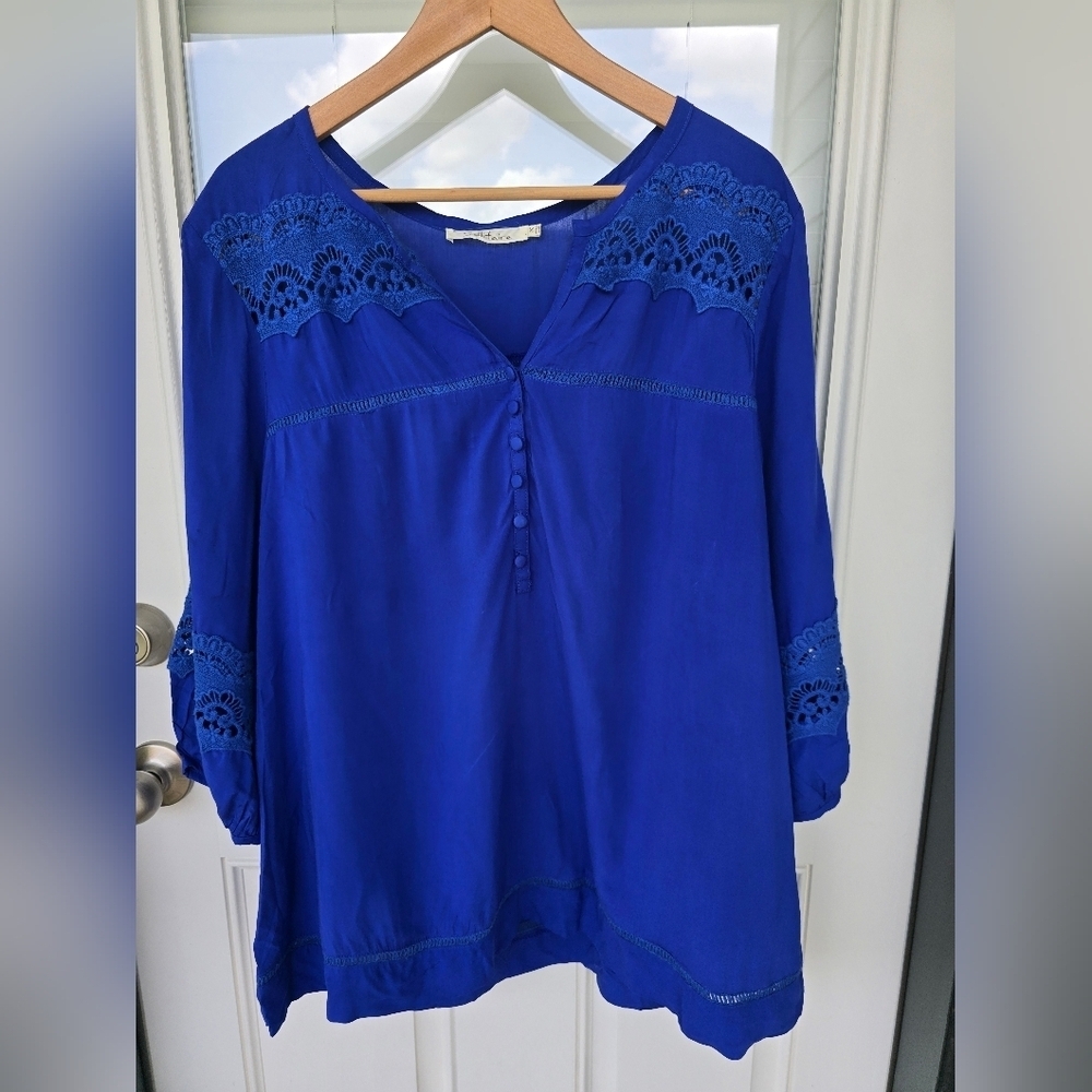 Solitaire Eyelet Tunic Lace Top 1X Plus Blue Women's 3/4 Sleeve - Picture 2 of 16